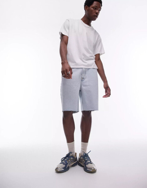 Topman wide leg raw hem denim short in bleach wash