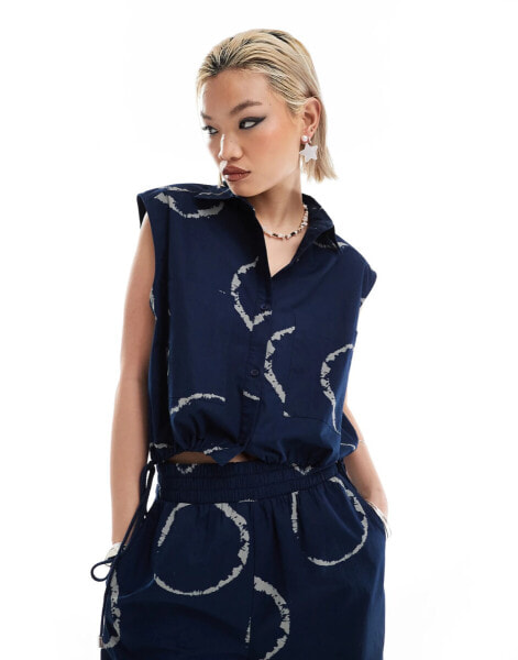 COLLUSION draw string boxy shirt co ord in blue tie dye print