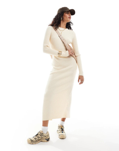 ASOS DESIGN knitted crew neck maxi dress in rib in cream