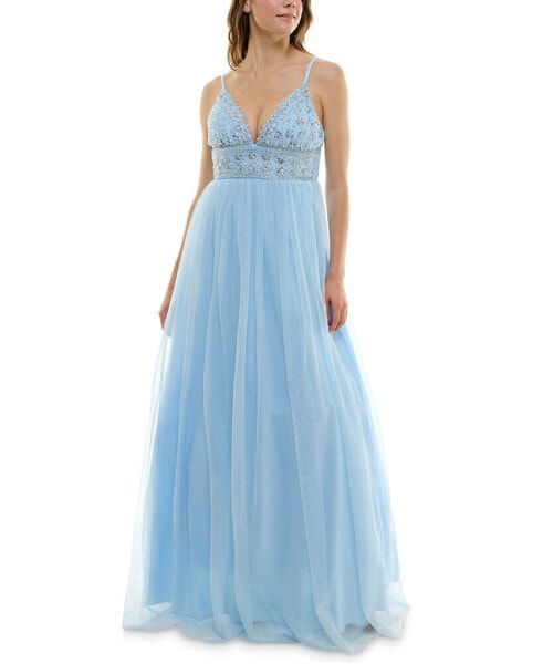 Juniors' Beaded Tulle Gown