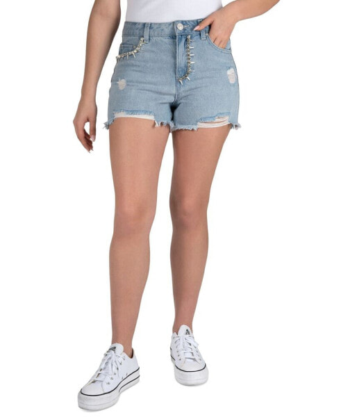 Juniors' Cotton High-Rise Embellished Distress Shorts