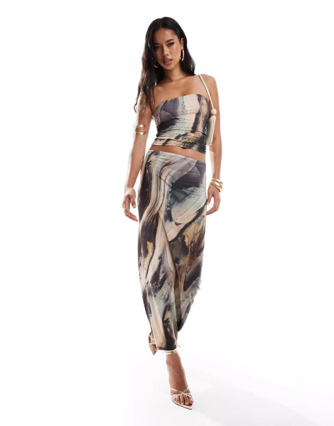 ASOS DESIGN co-ord slinky maxi skirt in earthy marble print