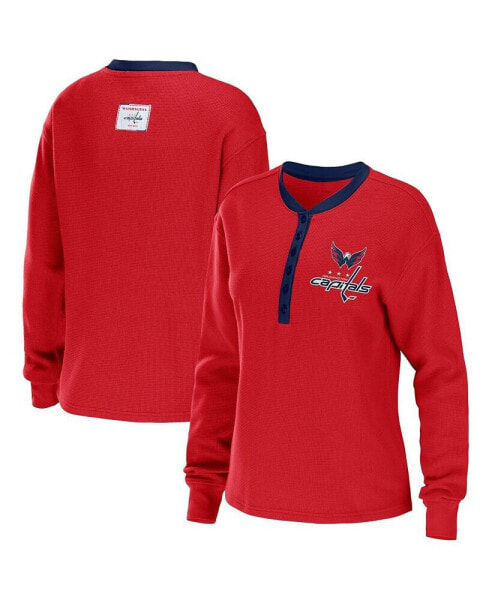 Women's Red Washington Capitals Waffle Henley Long Sleeve T-shirt