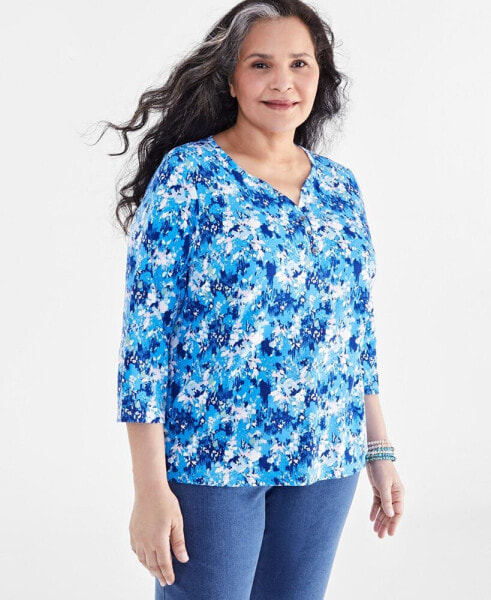 Style & Co Plus Size Printed Cotton Henley Top, Created for