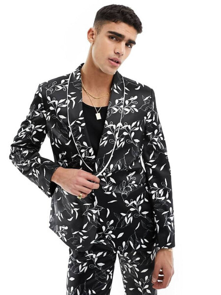 ASOS DESIGN skinny suit jacket in black floral print with white piping