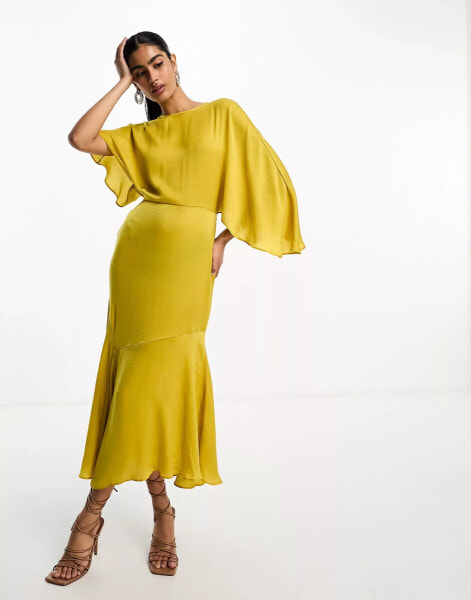 ASOS DESIGN satin flutter sleeve asymmetric hem midi dress in mustard