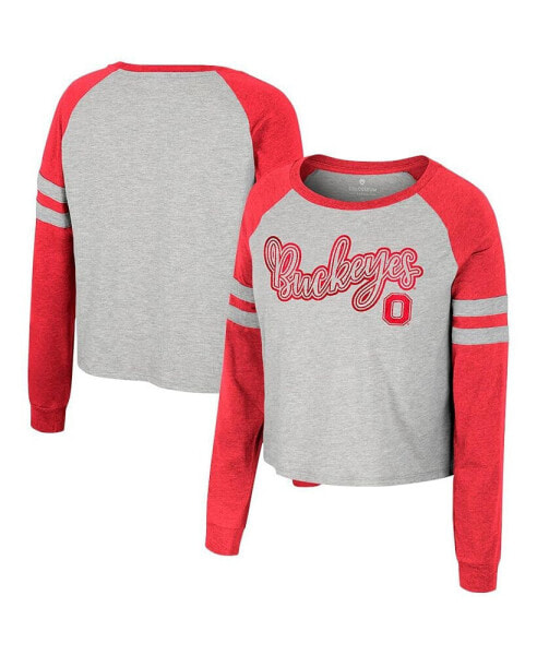 Women's Heather Gray Ohio State Buckeyes I'm Gliding Here Raglan Long Sleeve Cropped T-shirt