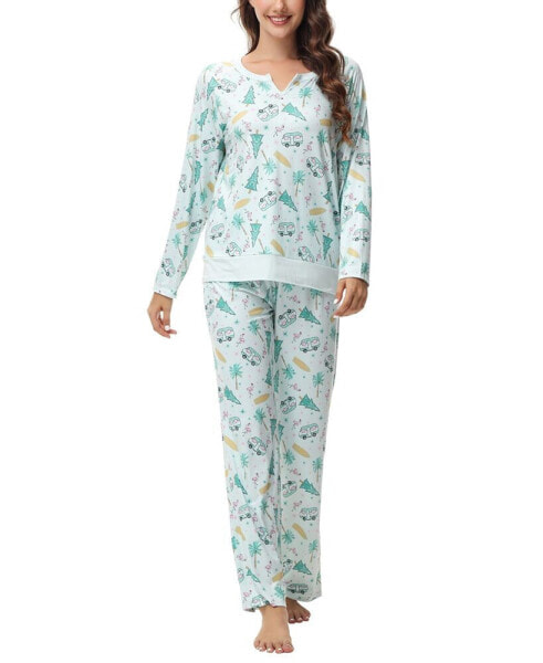 Women's Long Sleeve Notch Collar Top with Lounge Pants 2 Piece Pajama Set