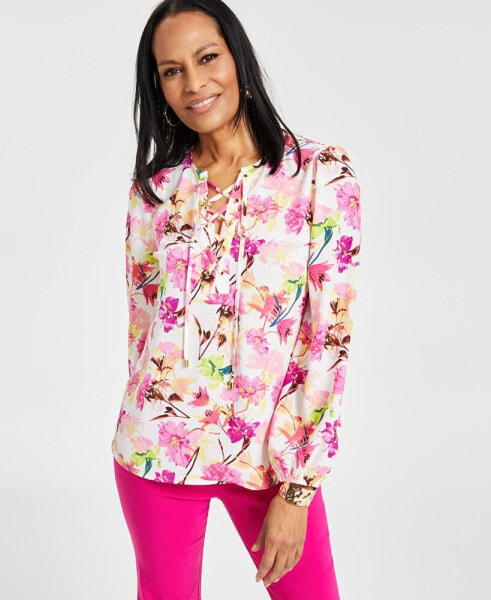 Women's Printed Lace-Up Blouse, Created for Macy's