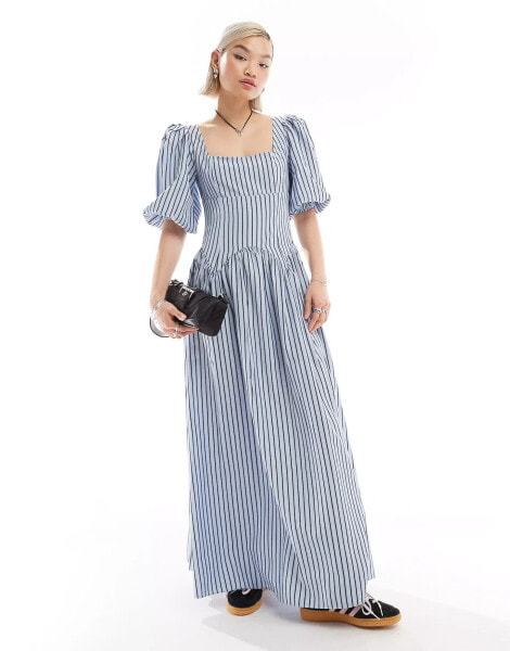 Glamorous volume sleeve square neck drop waist maxi dress in blue stripe