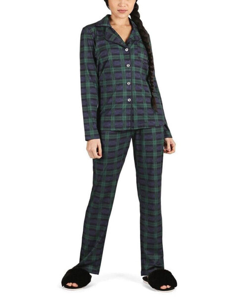 Женская пижама MEMOI Womens Plaid Notch Collar Cotton Blend Pajama Set