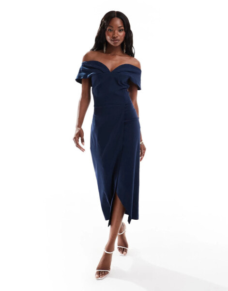 Vesper bardot sweetheart neck wrap midaxi dress in navy