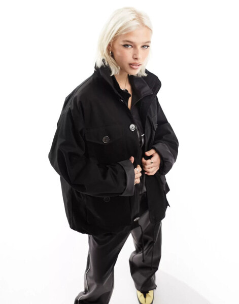 COLLUSION oversized utility cargo jacket shacket in black