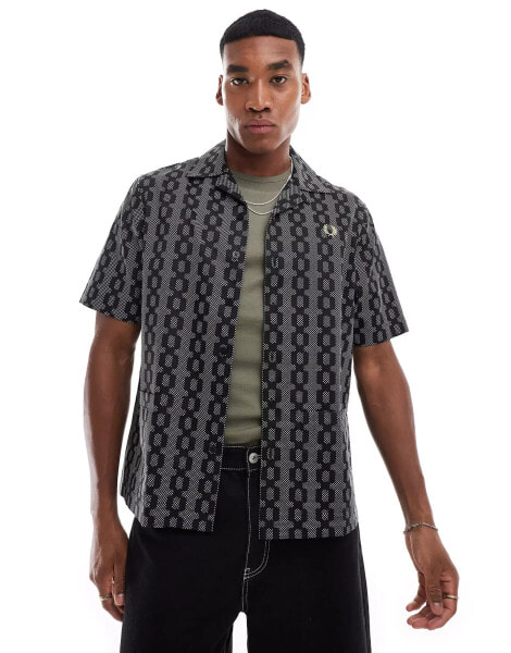 Fred Perry cable print revere collar shirt in black