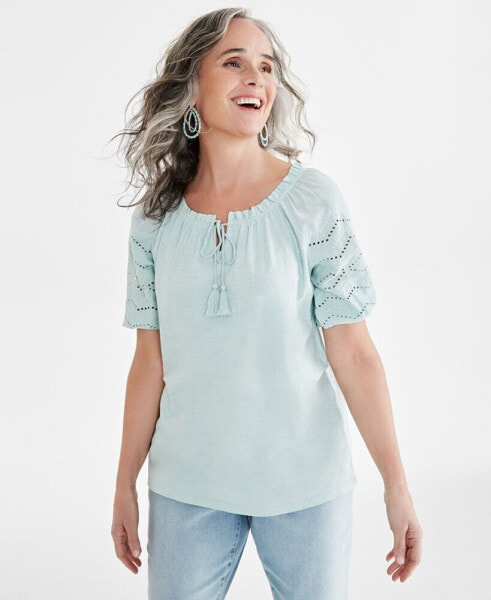 Women's Cotton Mixed-Media Embroidered Blouse, Created for Macy's