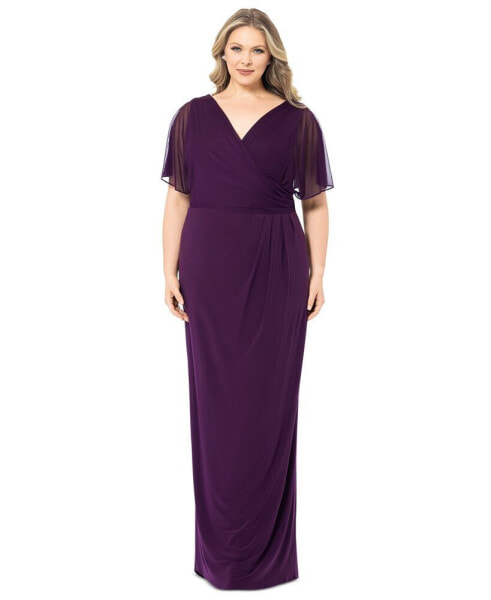 Plus Size Draped-Back Flutter-Sleeve Gown