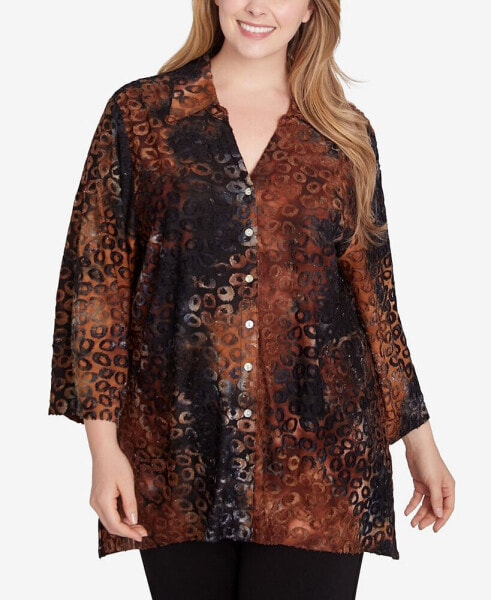 Plus Size Button Front Stand Collar Tie Dyed Spots Jacquard Shirt