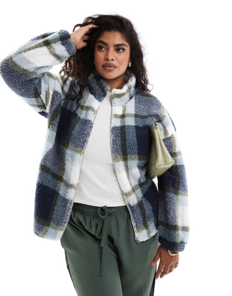 Noisy May Curve zip through fleece in blue check