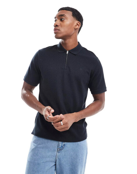 Jack & Jones waffle zip up polo in black