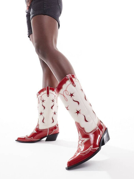 Stradivarius pattern western boot in red and ecru 