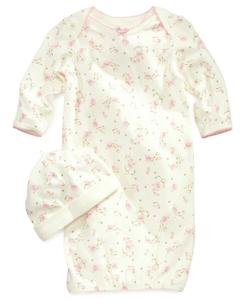 Baby Girls Vintage Rose Print Gown and Beanie, 2 Piece Set