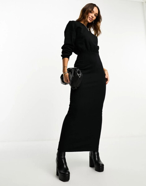 ASOS DESIGN crew neck blouson sleeve ribbed maxi dress in black