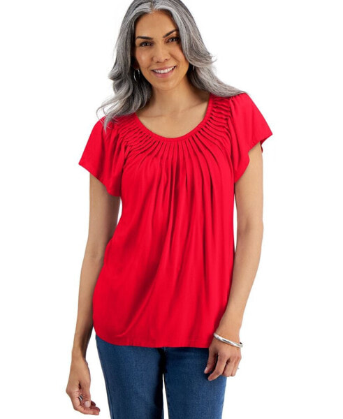 Women's Pleated-Neck Short-Sleeve Top, Regular & Petite, Created for Macy's