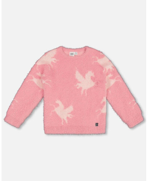 Big Girls Jacquard Unicorn Sweater Hairy Knit Pink