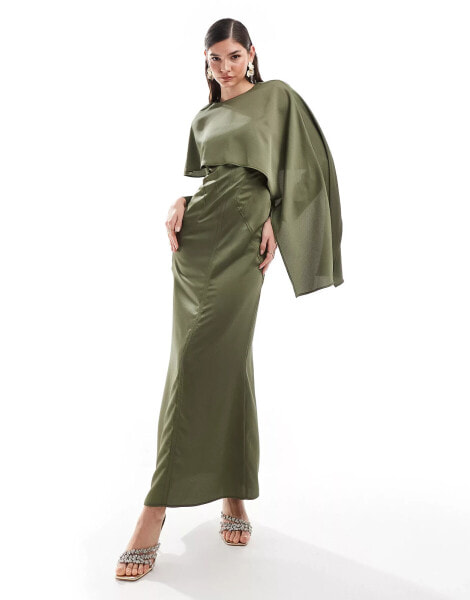 ASOS DESIGN satin overlay maxi dress with stitch detail in khaki