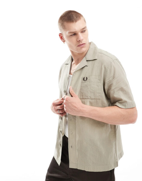 Fred Pery lightweight textured revere collar shirt in beige