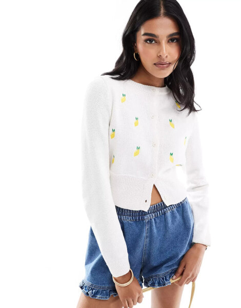 ASOS DESIGN neat fit cardigan with lemon embroidery in ivory