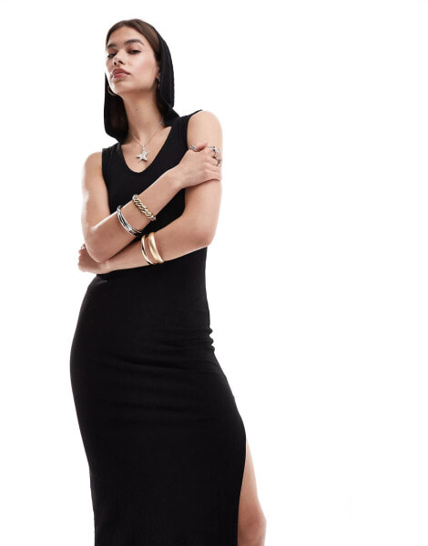 ONLY side split ribbed maxi dress with hood in black