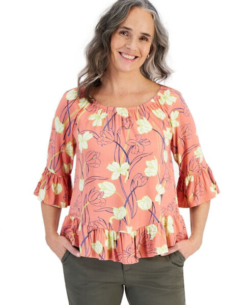 Women's Printed On-Off Ruffle Sleeve Top, Created for Macy's