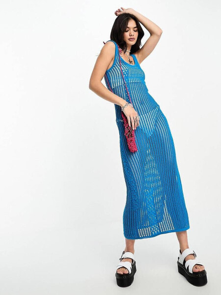 Reclaimed Vintage knitted crochet summer festival midi dress in blue