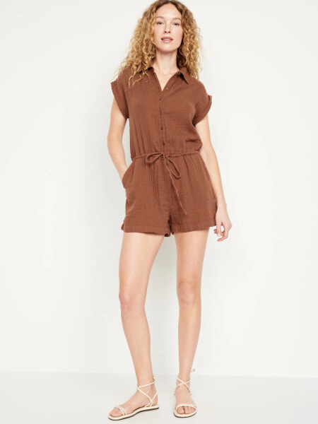 Waist-Defined Crinkle Gauze Romper -- 3-inch inseam