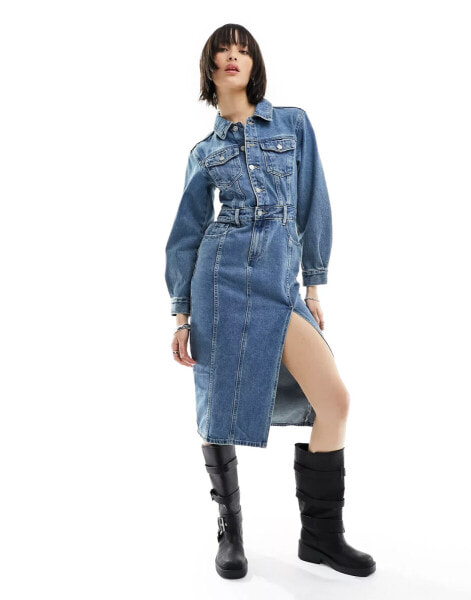 Urban Revivo denim midi shirt dress in blue