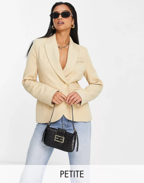 River Island Petite co-ord wrap over cinched blazer in beige