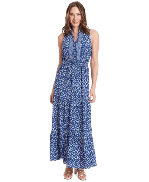 Petite Floral-Print Ruffle-Collar Maxi Dress