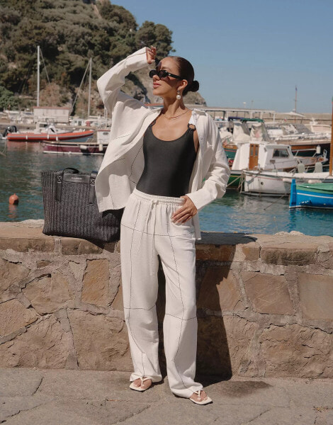 4th & Reckless x Luana Barron genevive black embroidery beach trouser co-ord in off white