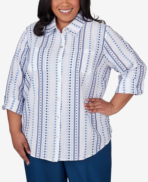 Plus Size Classic Jacquard Stripe Collared Button Front Top