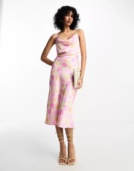 Vila satin cami midi dress with tie back in pink floral