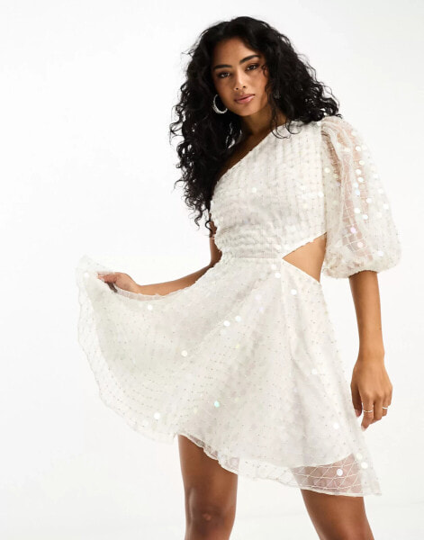 ASOS DESIGN embellished organza asymmetric one sleeve mini dress in white