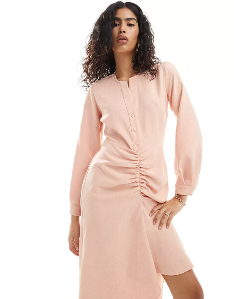 Closet London button front midi dress with ruched skirt in mink