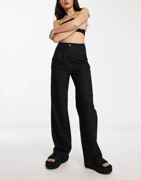 Stradivarius linen look wide leg trouser in black