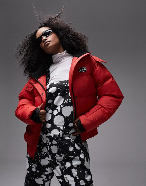 Topshop – Sno – Puffer-Skijacke in Rot mit Kapuze