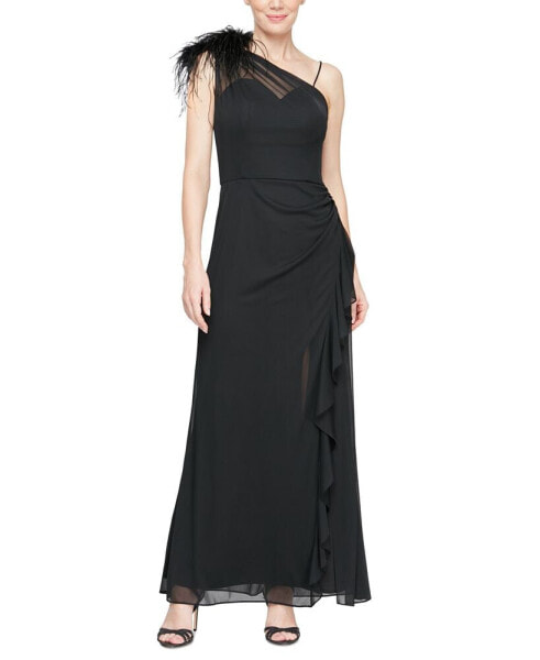 Women's Feather-Trim One-Shoulder Gown