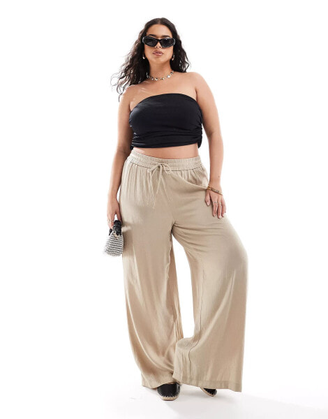 Vila Curve weighted plisse satin feel wide leg trousers in beige