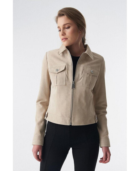 Women's Denim Style Zipper Suede Jacket, Beige