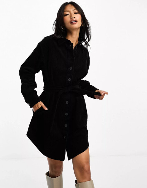 ASOS DESIGN cord belted shirt dress in black