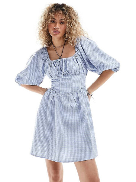 Glamorous bow detail corset top mini smock dress in textured blue check